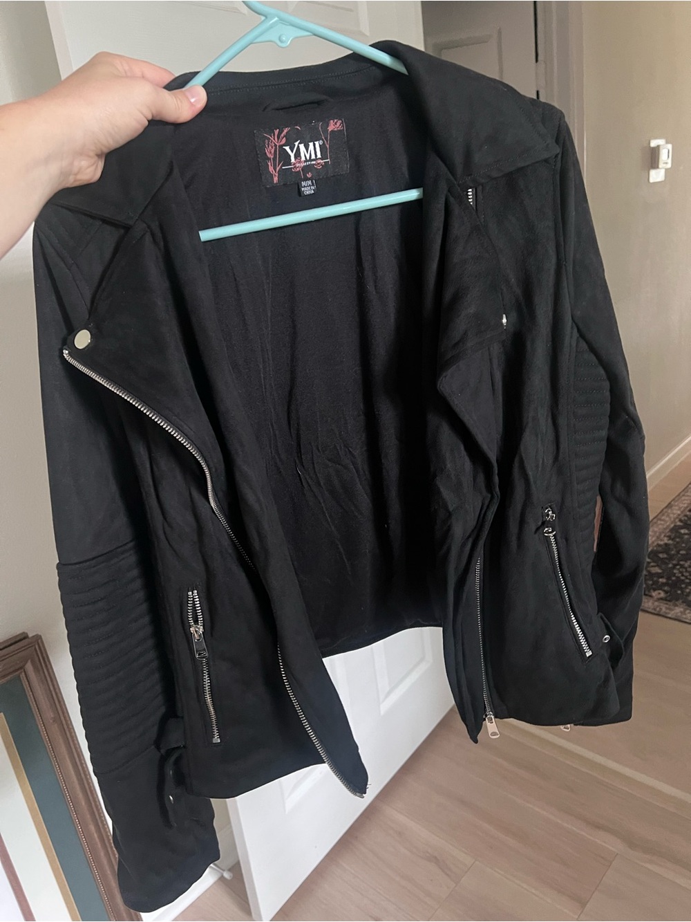 YMI Black Faux Suede Moto Jacket with Quilted Sleeves
